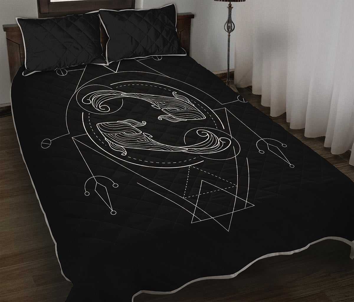 Black And White Pisces Sign Print Quilt Bed Set