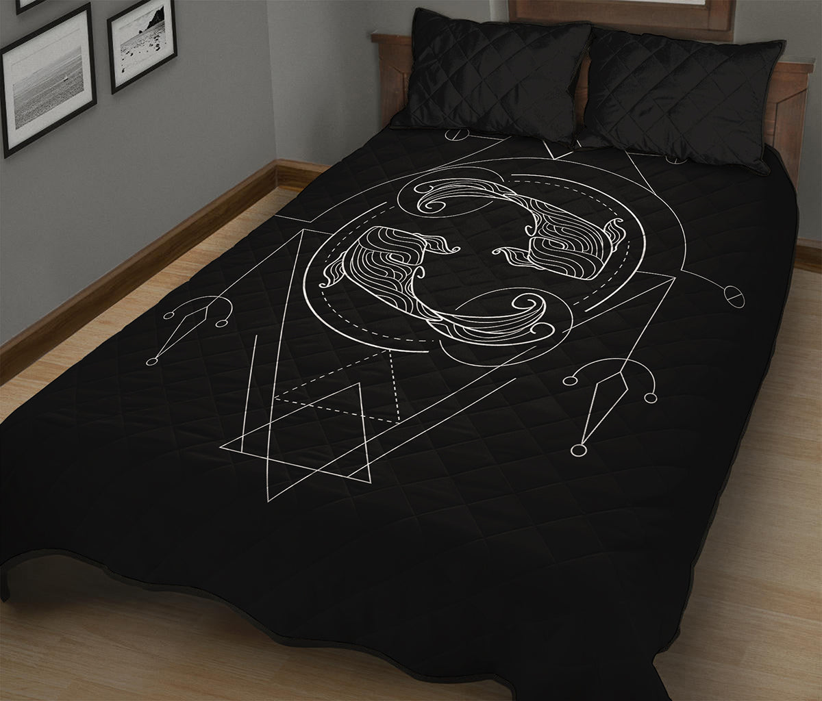 Black And White Pisces Sign Print Quilt Bed Set