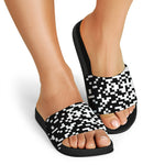 Black And White Pixel Pattern Print Black Slide Sandals