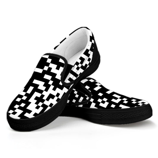 Black And White Pixel Pattern Print Black Slip On Shoes