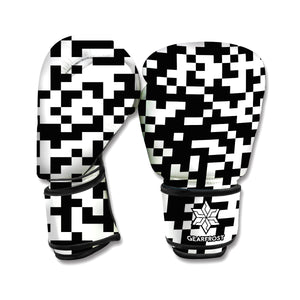 Black And White Pixel Pattern Print Boxing Gloves