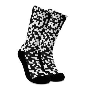 Black And White Pixel Pattern Print Crew Socks