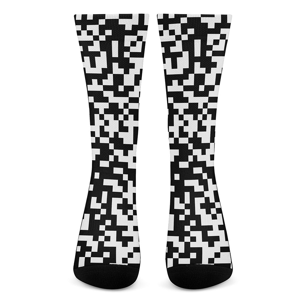 Black And White Pixel Pattern Print Crew Socks