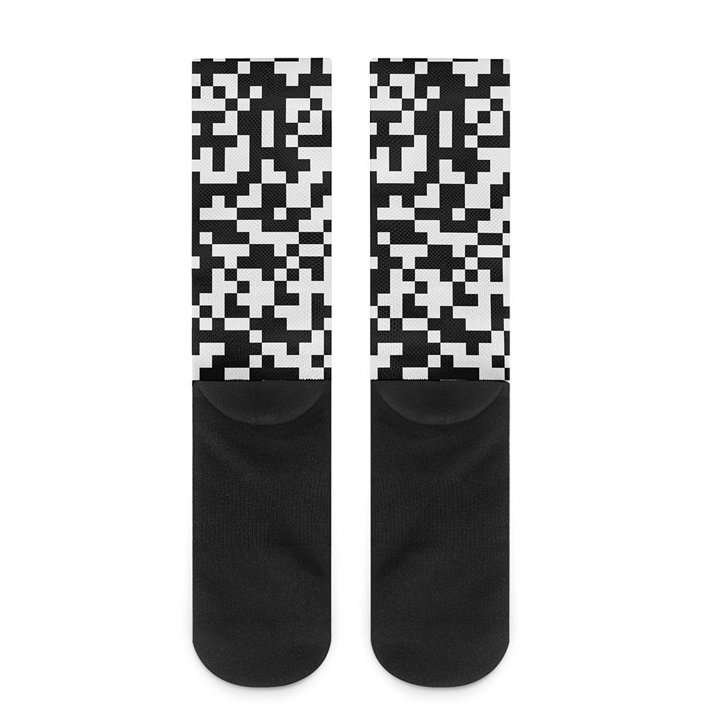 Black And White Pixel Pattern Print Crew Socks