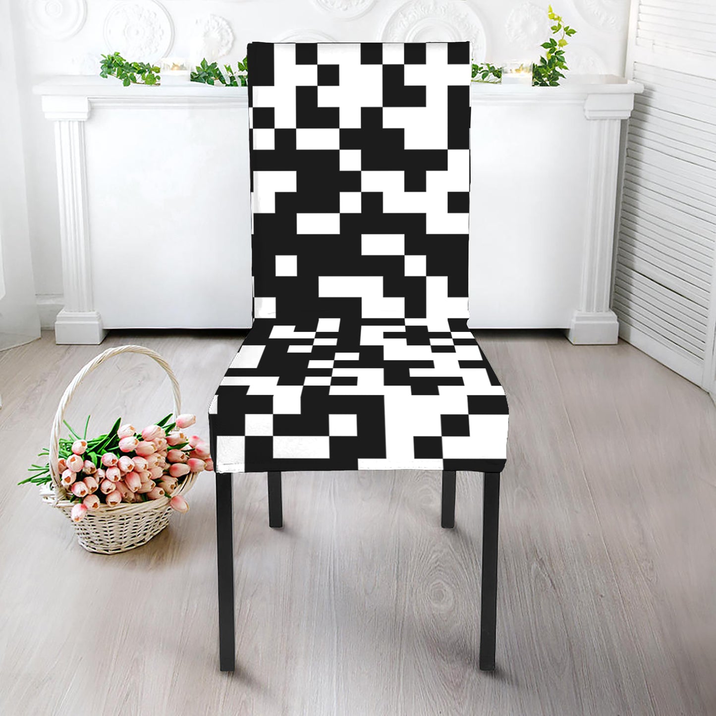 Black And White Pixel Pattern Print Dining Chair Slipcover