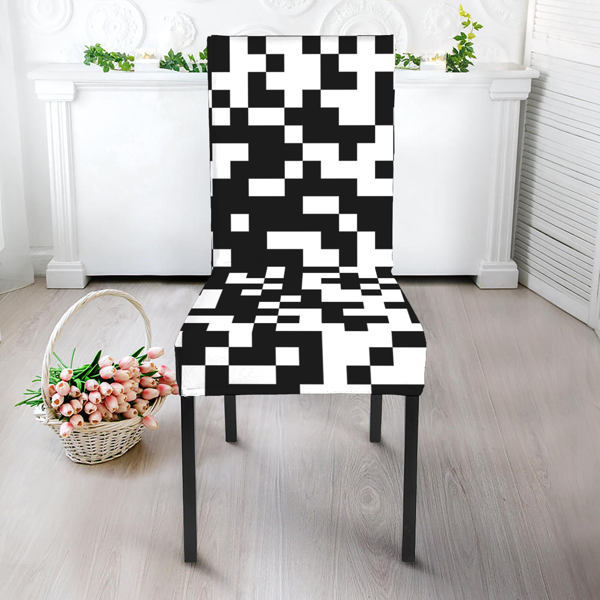 Black And White Pixel Pattern Print Dining Chair Slipcover