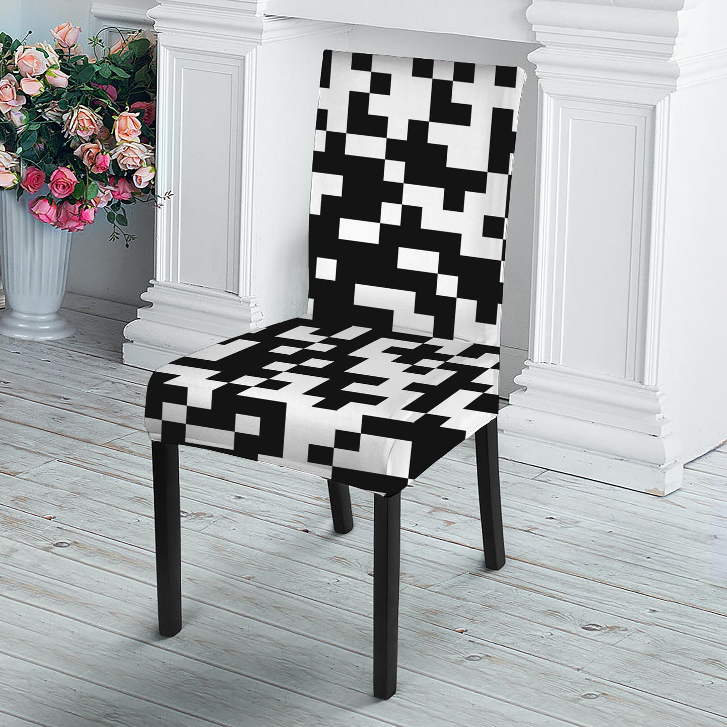 Black And White Pixel Pattern Print Dining Chair Slipcover