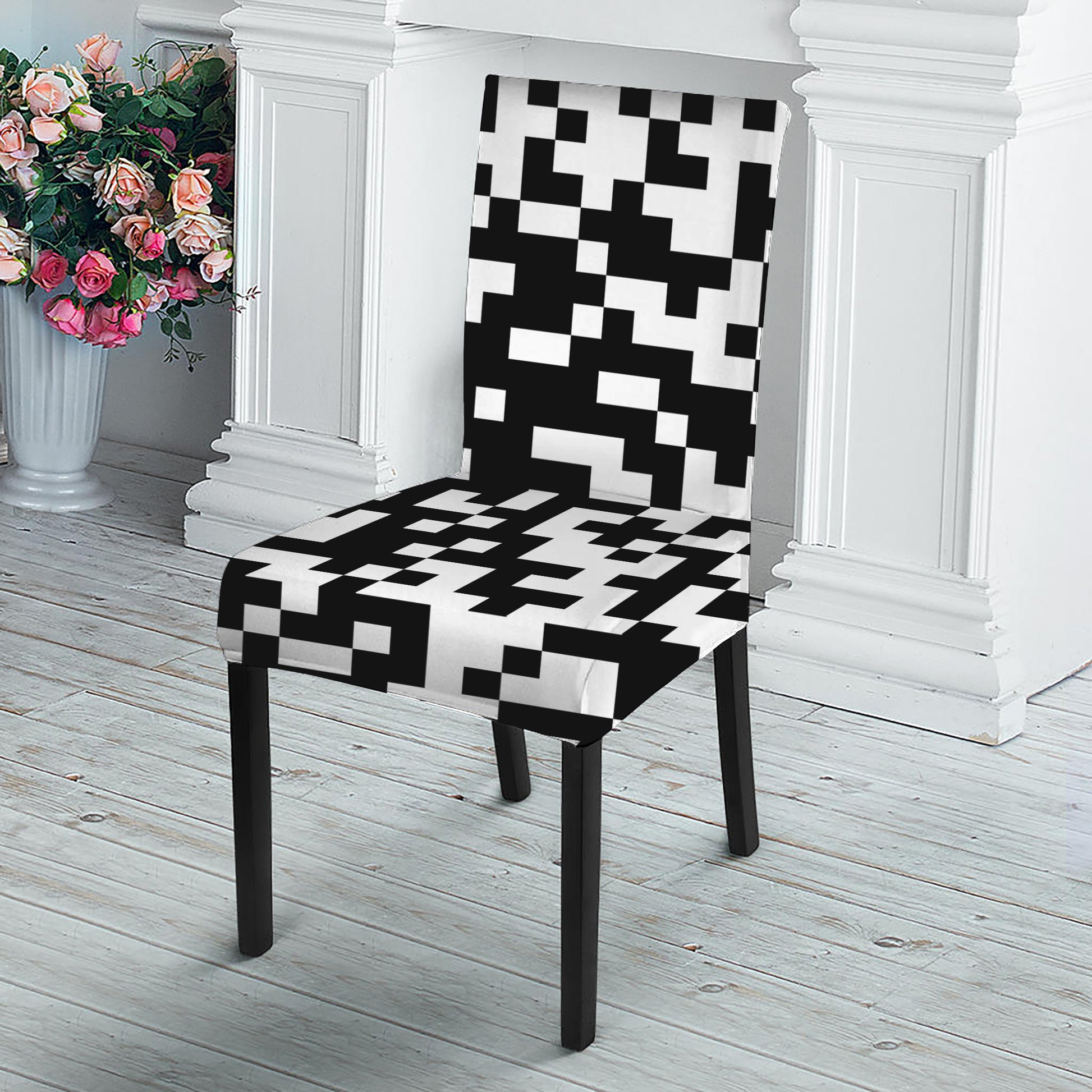 Black And White Pixel Pattern Print Dining Chair Slipcover