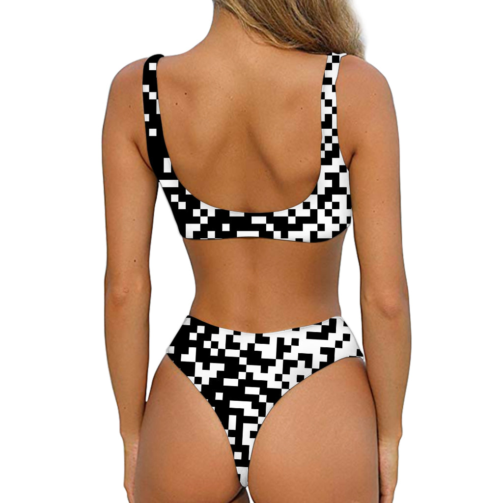 Black And White Pixel Pattern Print Front Bow Tie Bikini