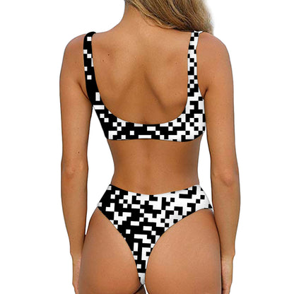 Black And White Pixel Pattern Print Front Bow Tie Bikini