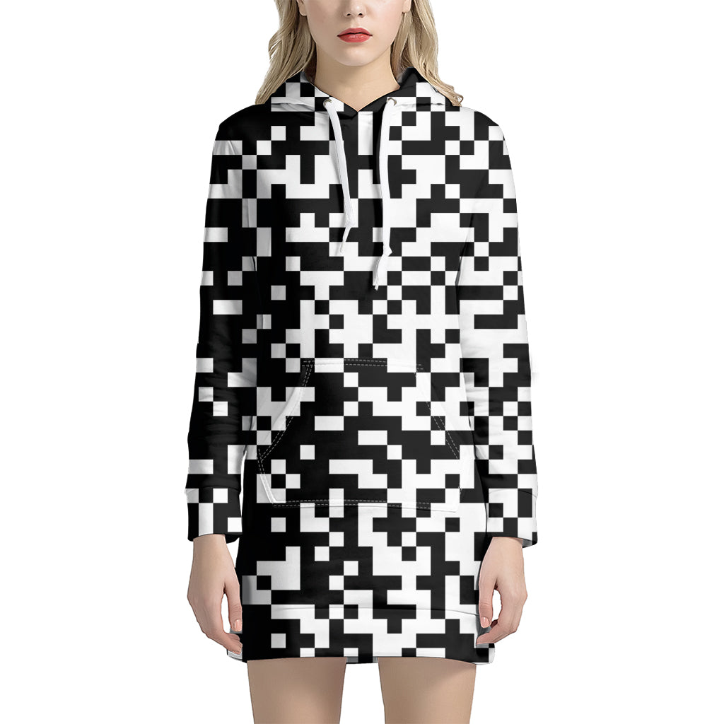 Black And White Pixel Pattern Print Hoodie Dress
