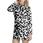 Black And White Pixel Pattern Print Hoodie Dress