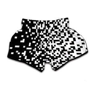 Black And White Pixel Pattern Print Muay Thai Boxing Shorts