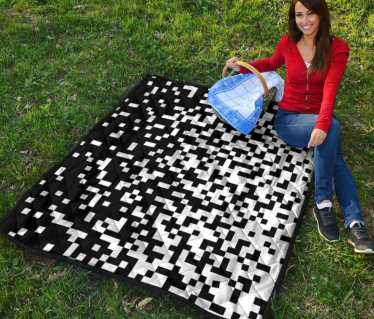 Black And White Pixel Pattern Print Quilt
