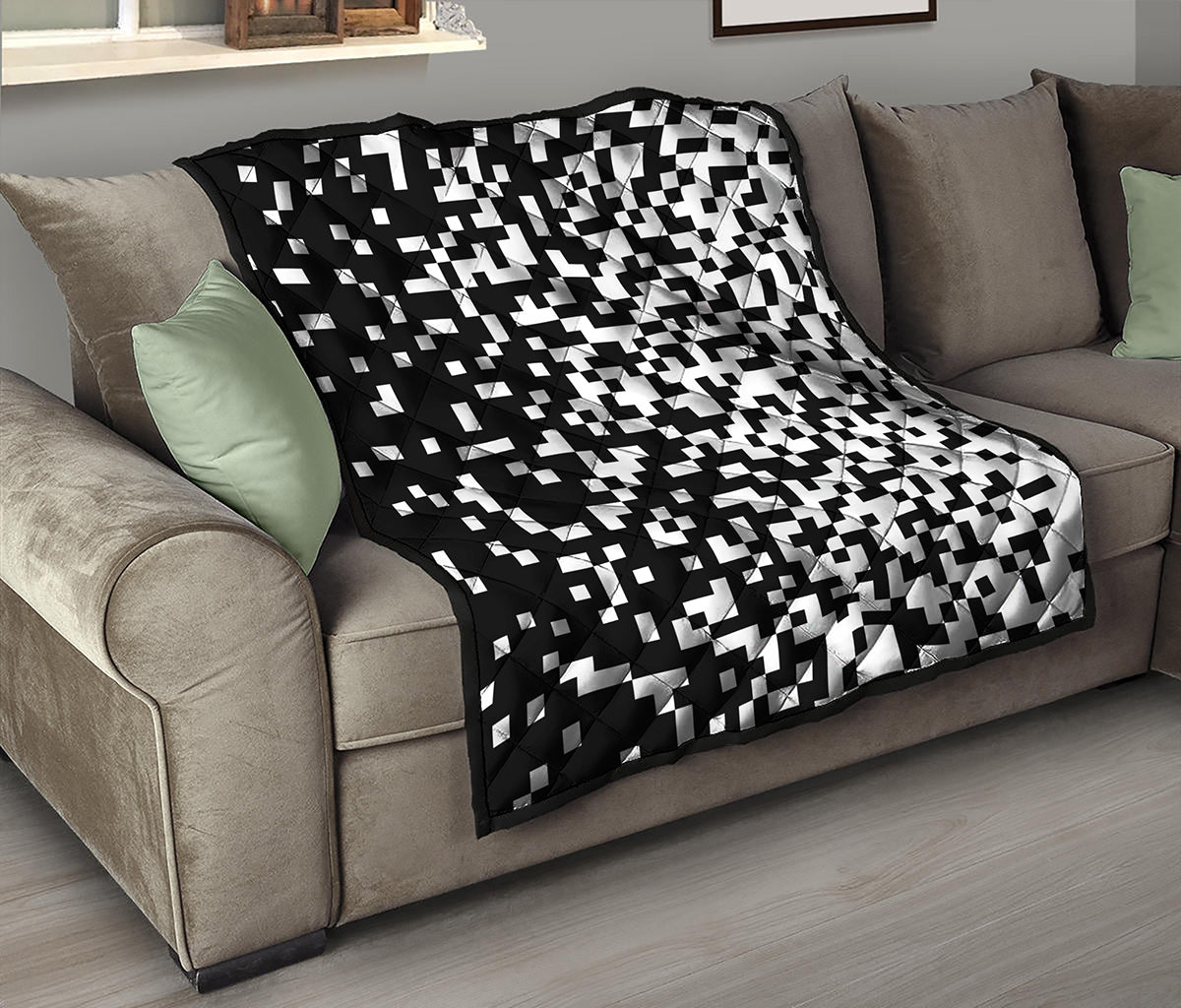 Black And White Pixel Pattern Print Quilt