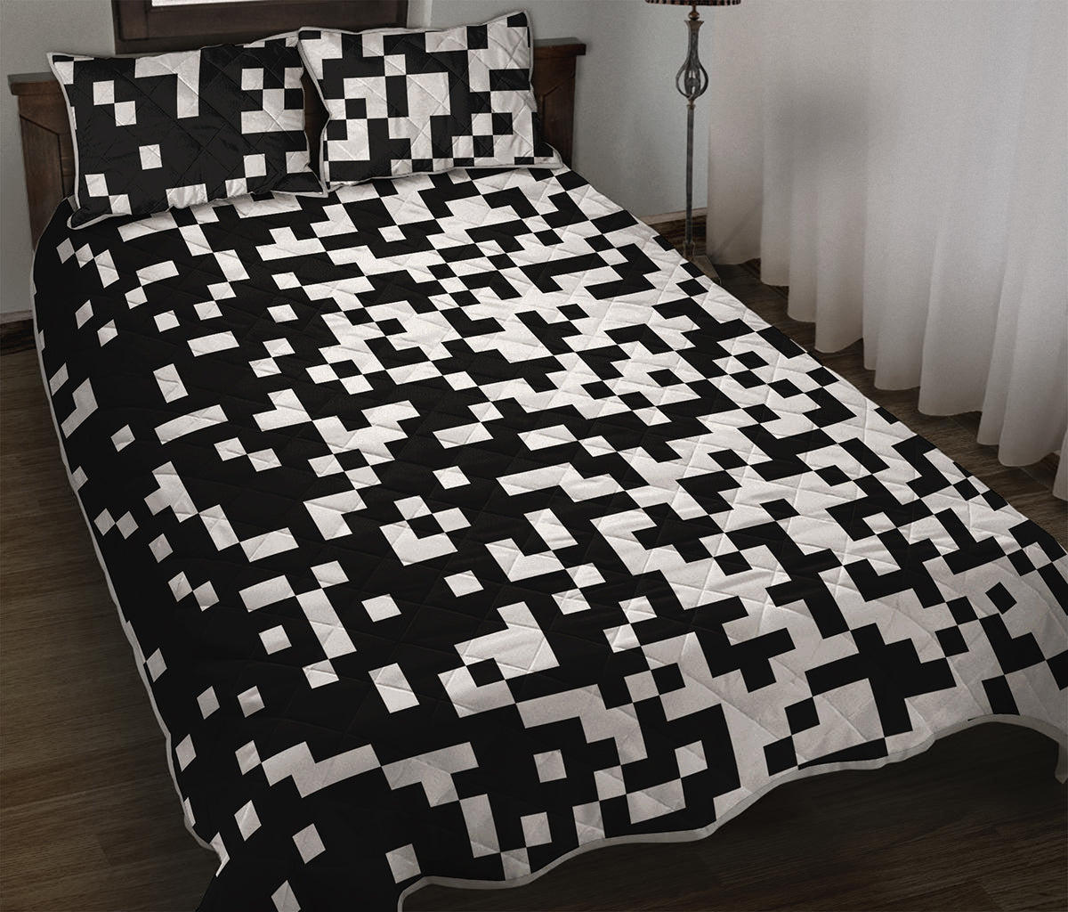Black And White Pixel Pattern Print Quilt Bed Set