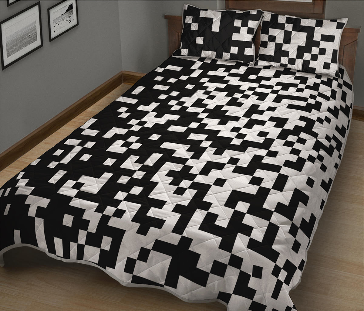 Black And White Pixel Pattern Print Quilt Bed Set