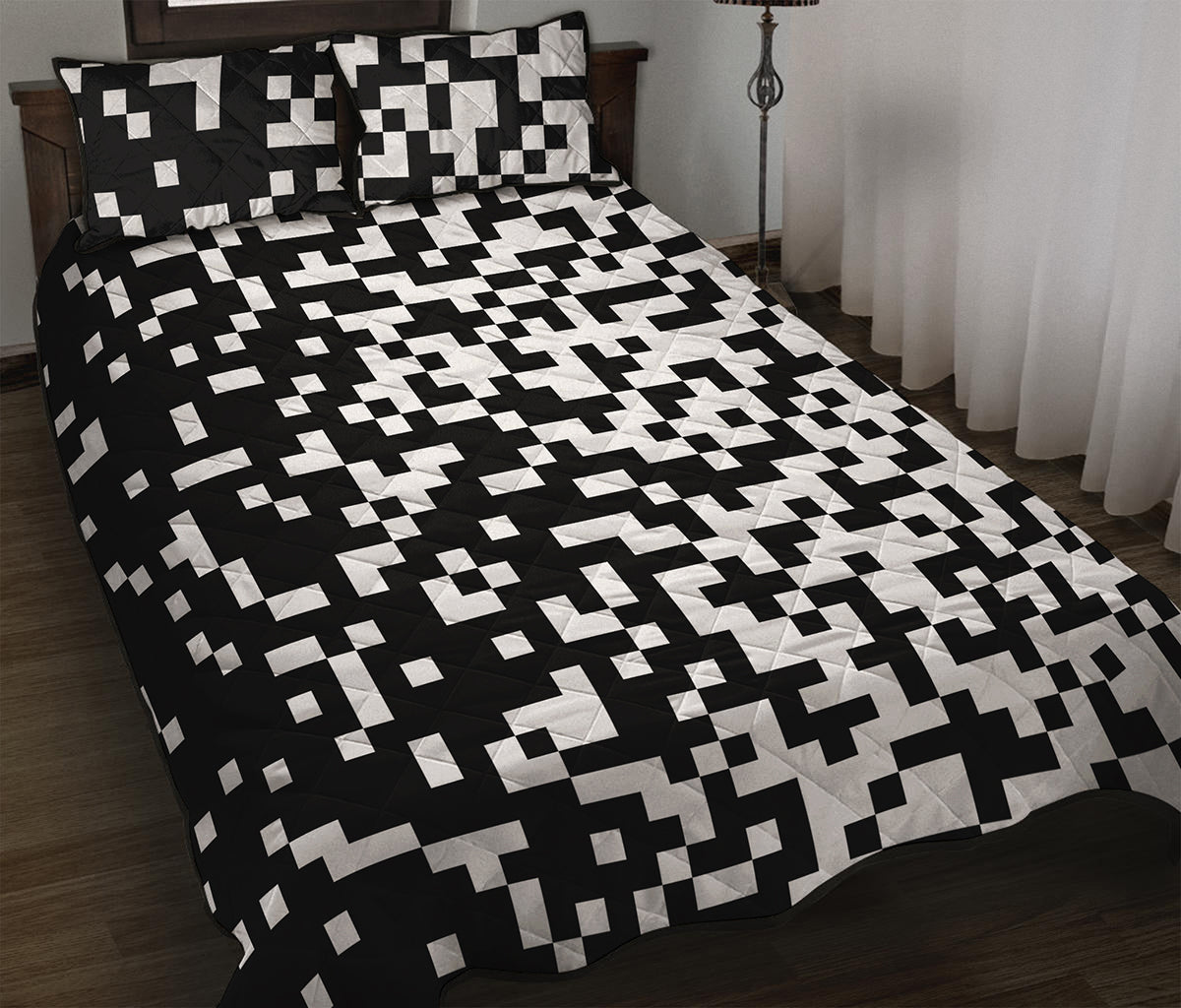 Black And White Pixel Pattern Print Quilt Bed Set