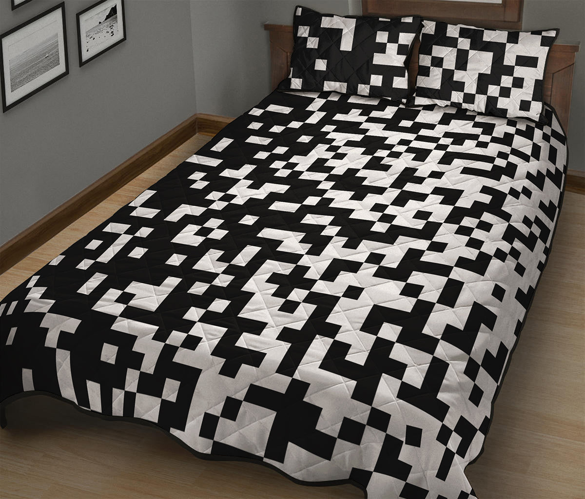 Black And White Pixel Pattern Print Quilt Bed Set