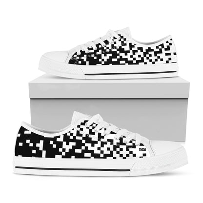 Black And White Pixel Pattern Print White Low Top Shoes