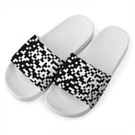 Black And White Pixel Pattern Print White Slide Sandals