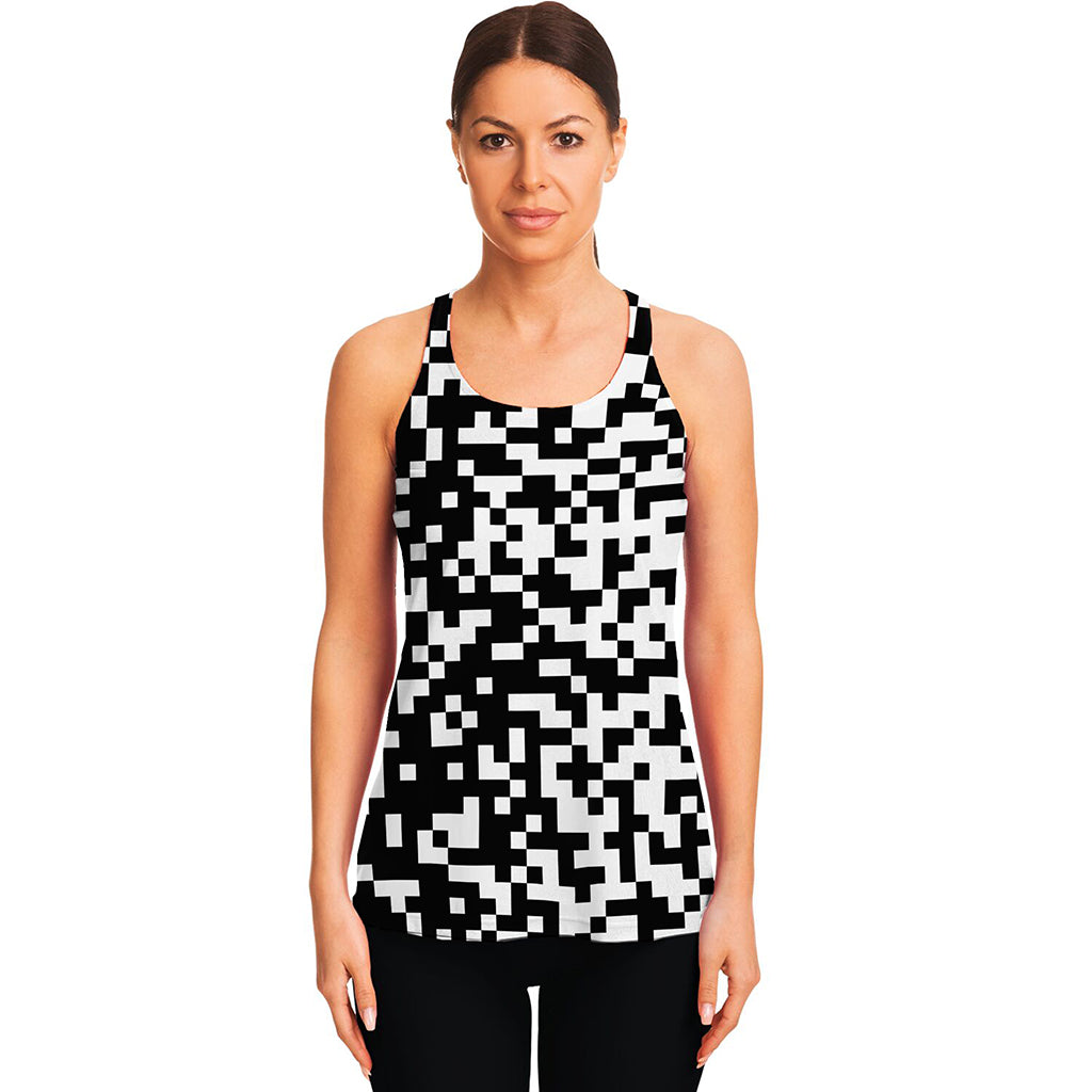 Black And White Pixel Pattern Print Women's Racerback Tank Top