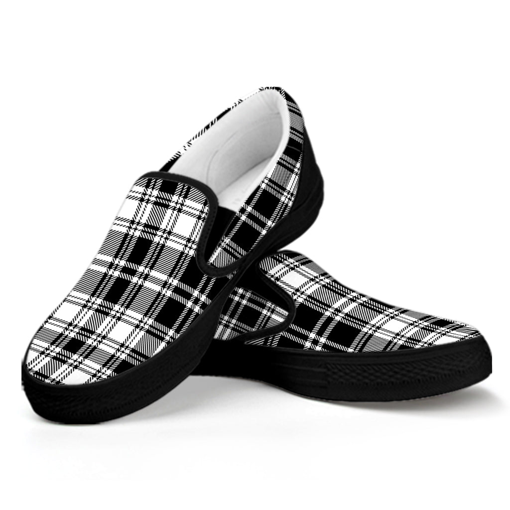 Black And White Plaid Pattern Print Black Slip On Shoes