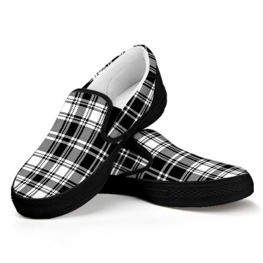 Black And White Plaid Pattern Print Black Slip On Shoes