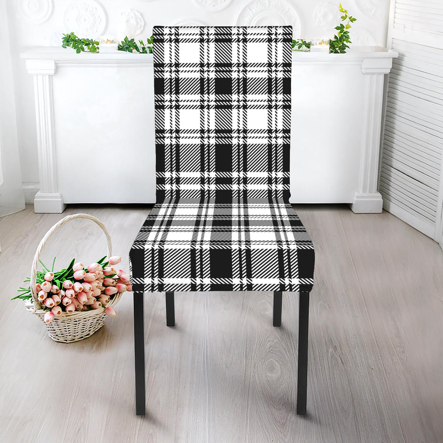 Black And White Plaid Pattern Print Dining Chair Slipcover