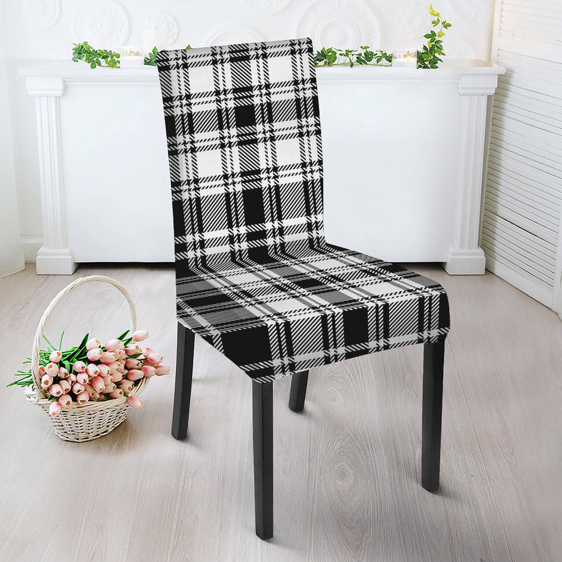 Black And White Plaid Pattern Print Dining Chair Slipcover