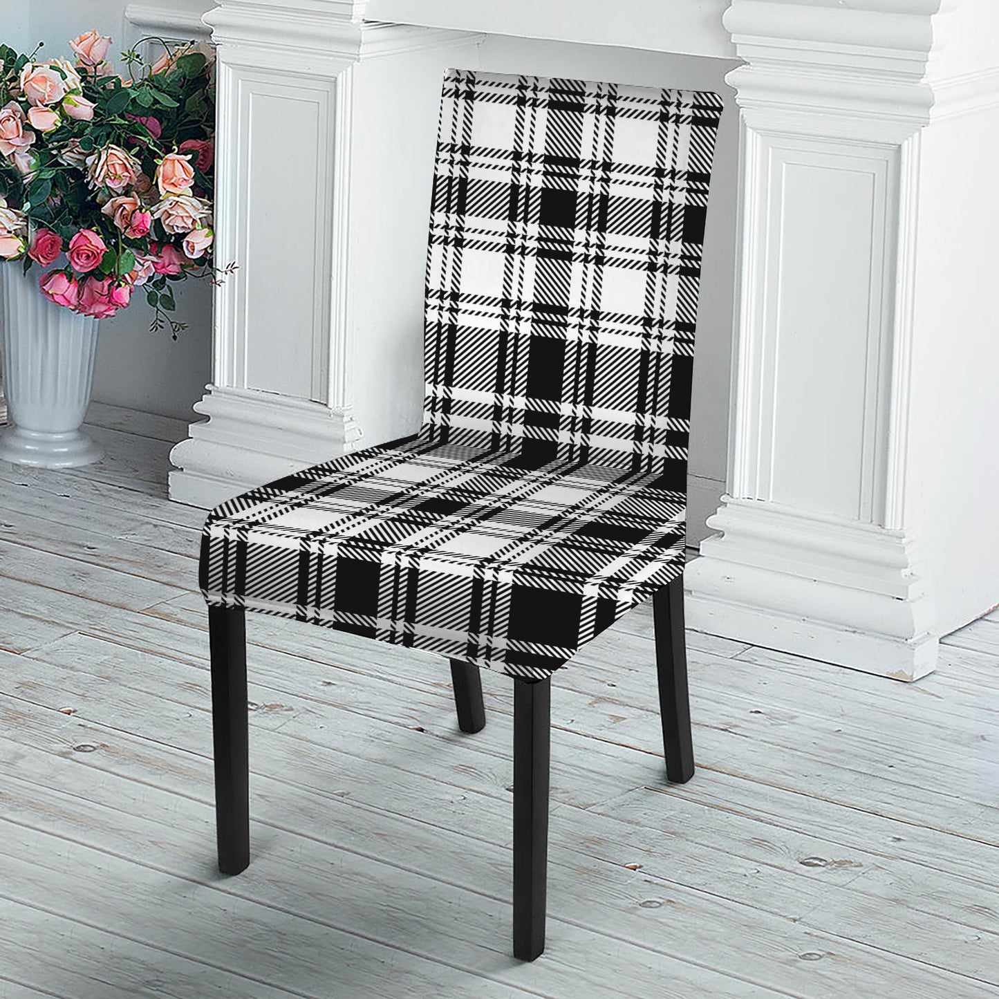 Black And White Plaid Pattern Print Dining Chair Slipcover