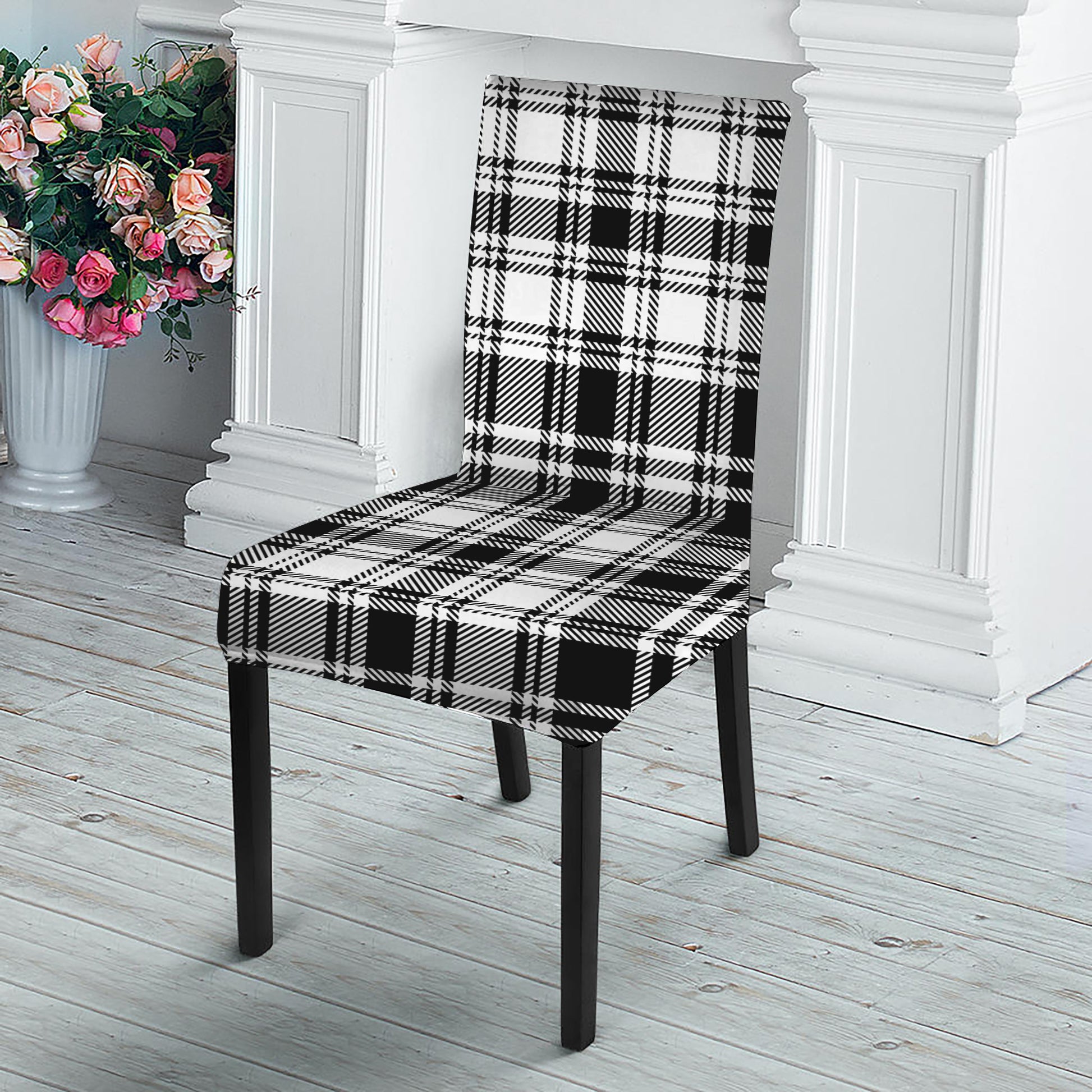 Black And White Plaid Pattern Print Dining Chair Slipcover