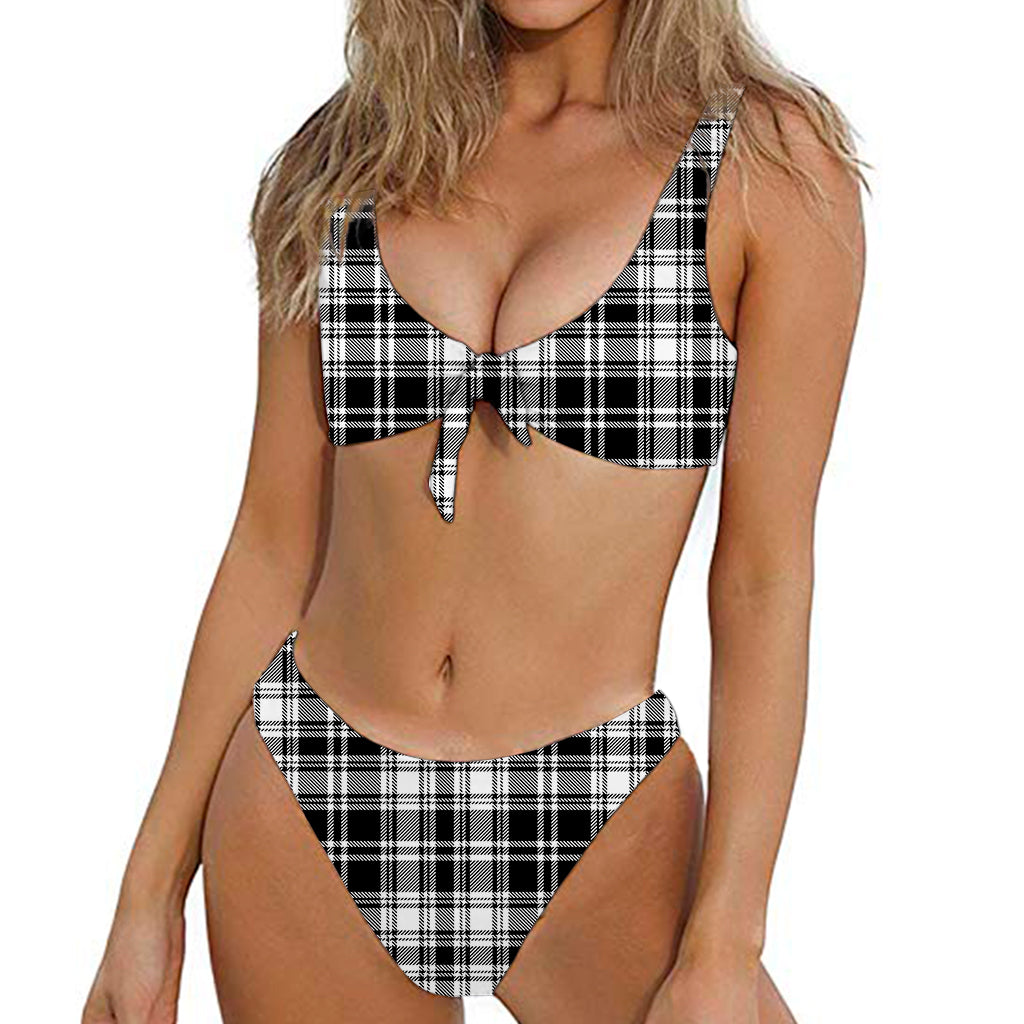 Black And White Plaid Pattern Print Front Bow Tie Bikini
