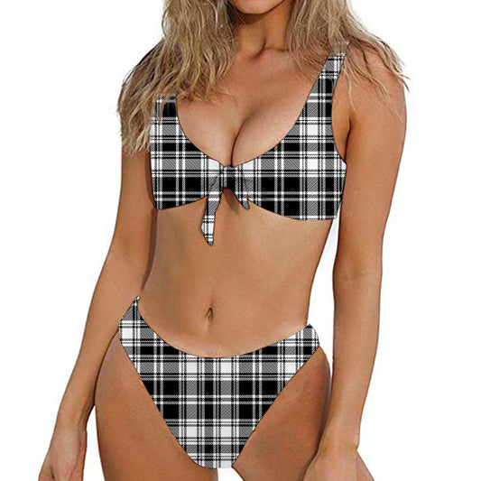 Black And White Plaid Pattern Print Front Bow Tie Bikini