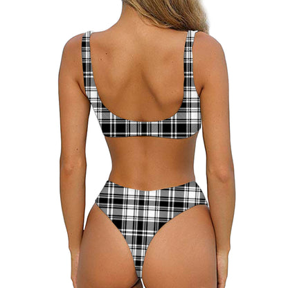 Black And White Plaid Pattern Print Front Bow Tie Bikini