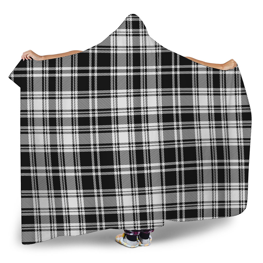 Black And White Plaid Pattern Print Hooded Blanket