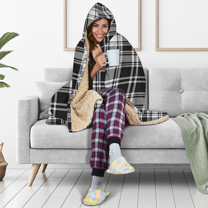 Black And White Plaid Pattern Print Hooded Blanket