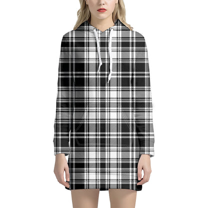 Black And White Plaid Pattern Print Hoodie Dress