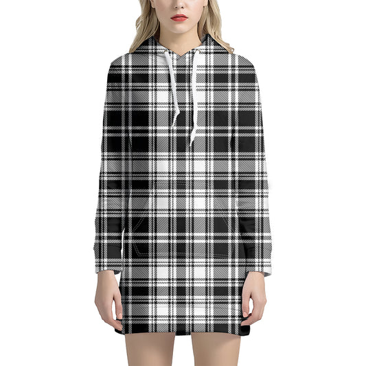 Black And White Plaid Pattern Print Hoodie Dress