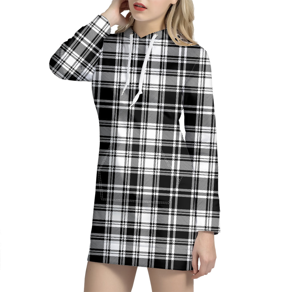 Black And White Plaid Pattern Print Hoodie Dress