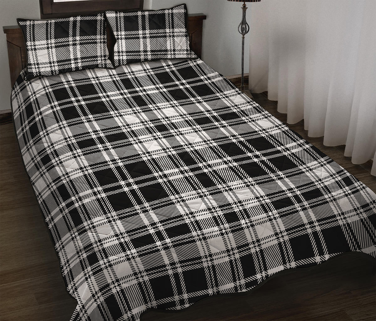 Black And White Plaid Pattern Print Quilt Bed Set