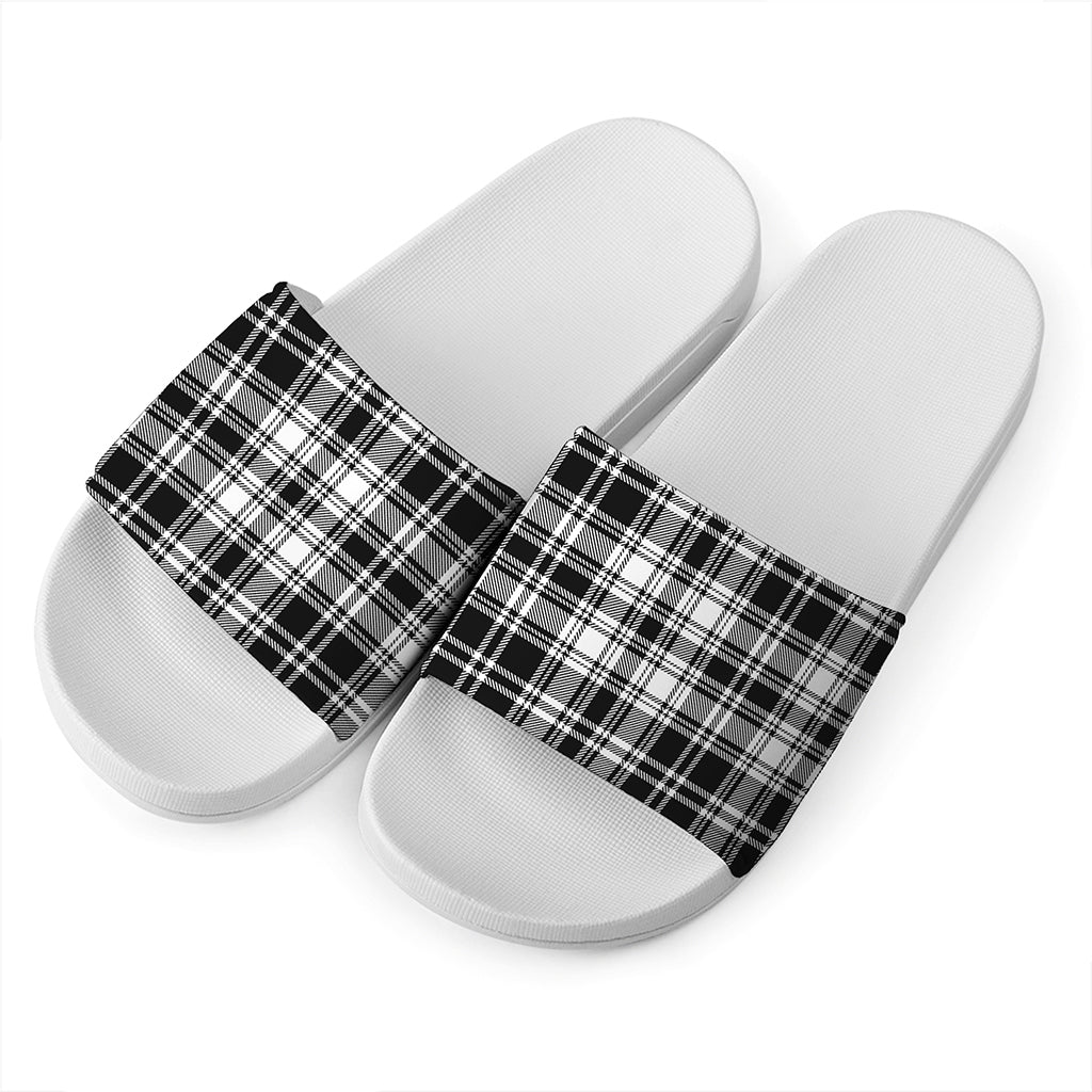 Black And White Plaid Pattern Print White Slide Sandals