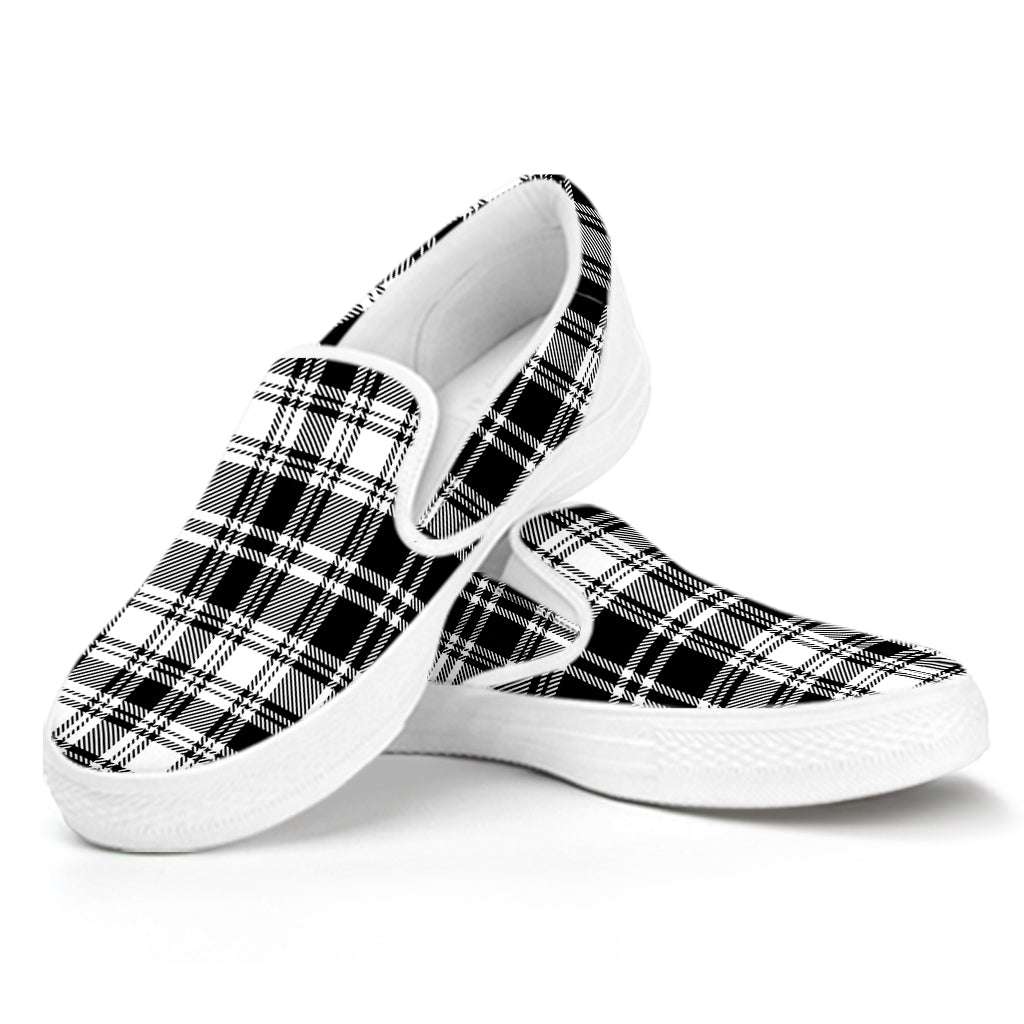 Black And White Plaid Pattern Print White Slip On Shoes