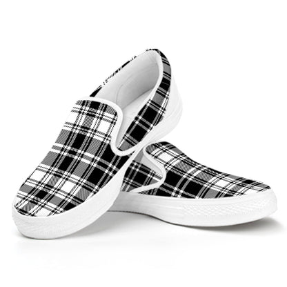 Black And White Plaid Pattern Print White Slip On Shoes