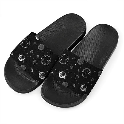 Black And White Planets Pattern Print Black Slide Sandals