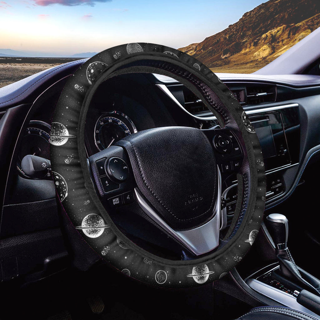 Black And White Planets Pattern Print Car Steering Wheel Cover
