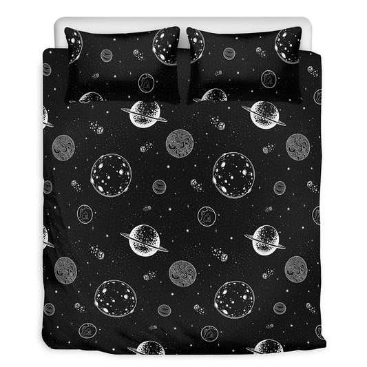 Black And White Planets Pattern Print Duvet Cover Bedding Set