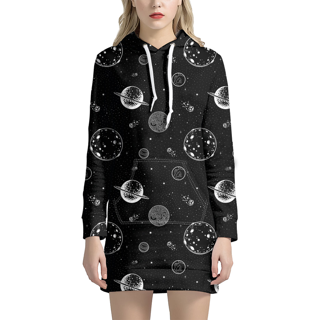 Black And White Planets Pattern Print Hoodie Dress