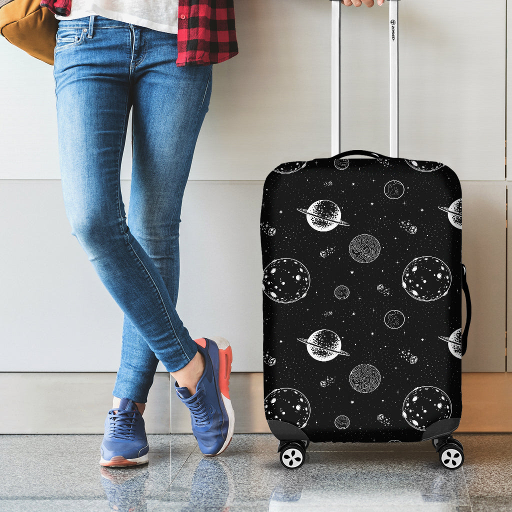 Black And White Planets Pattern Print Luggage Cover