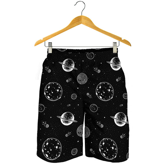 Black And White Planets Pattern Print Men's Shorts
